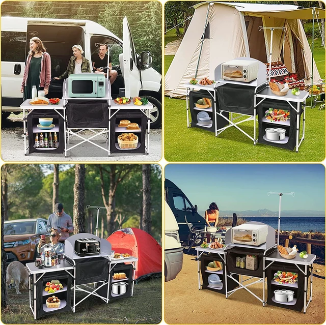 Alt view image 4 of 5 - Nice C Camping Kitchen Table, Pliante Portable, Pliante Extérieure, Folding Table, Upgrade Light Stand and Windshield Cooking Station & 3 Organizers, Carry Bag for Outdoor, Beach(Silver)
