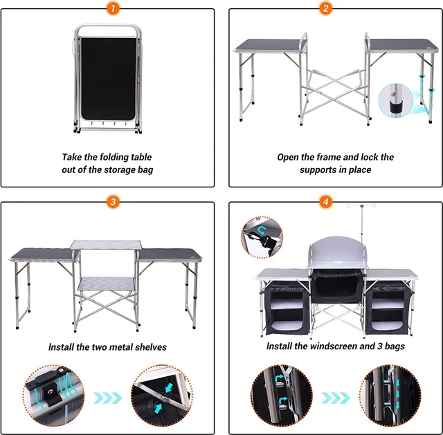 Alt view image 5 of 5 - Nice C Camping Kitchen Table, Pliante Portable, Pliante Extérieure, Folding Table, Upgrade Light Stand and Windshield Cooking Station & 3 Organizers, Carry Bag for Outdoor, Beach(Silver)