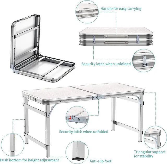 Alt view image 4 of 7 - Folding Table 4FT, Camping Table Adjustable Height with Carry Handle, Portable Lightweight Picnic Table Easy to Carry and Set Up, Collapsible Dining Table Suitable for Indoor Outdoor BBQ