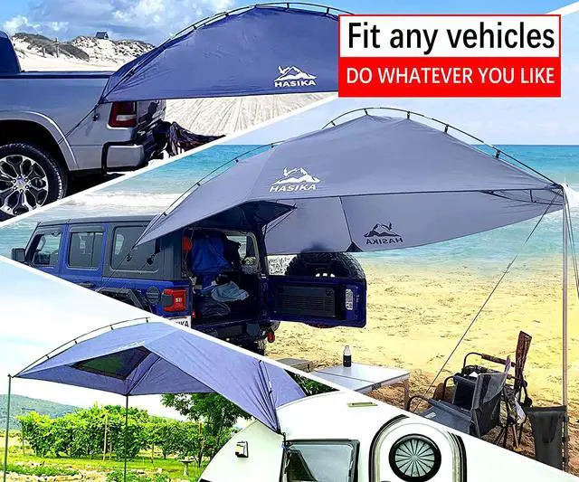 Alt view image 3 of 7 - Versatility Teardrop Awning for SUV RVing, Car Camping, Trailer and Overlanding Light Weight Truck Canopy Durable Tear Resistant Tarp with 2 Sandbag
