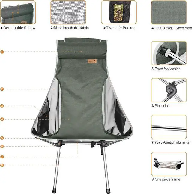 Alt view image 4 of 7 - Nice C Camping Chair, Chaise Camping, Folding Chair High Back, Backpacking Chair, Compact & Heavy Duty Outdoor, Travel, Picnic, Festival with 2 Side Pockets, Pillow &Carry Bag (Set of 2 Olive)
