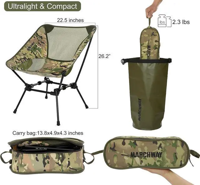 Alt view image 6 of 6 - MARCHWAY Ultralight Folding Camping Chair, Heavy Duty Portable Compact for Outdoor Camp, Travel, Beach, Picnic, Festival, Hiking, Lightweight Backpacking (Camo)