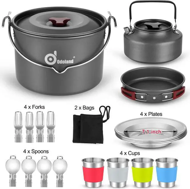 Alt view image 2 of 7 - Odoland 22pcs Camping Cookware Mess Kit, Large Size Hanging Pot Pan Kettle with Base Cook Set for 4, Cups Dishes Forks Spoons Kit for Outdoor Camping Hiking and Picnic