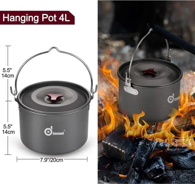 Alt view image 3 of 7 - Odoland 22pcs Camping Cookware Mess Kit, Large Size Hanging Pot Pan Kettle with Base Cook Set for 4, Cups Dishes Forks Spoons Kit for Outdoor Camping Hiking and Picnic