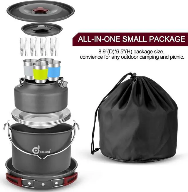 Alt view image 6 of 7 - Odoland 22pcs Camping Cookware Mess Kit, Large Size Hanging Pot Pan Kettle with Base Cook Set for 4, Cups Dishes Forks Spoons Kit for Outdoor Camping Hiking and Picnic