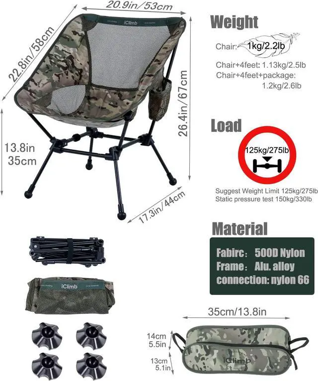 Alt view image 3 of 7 - iClimb- Ultralight Compact Camping Folding Beach Chair with Anti Sinking Large Feet and Back Support Webbing (Woodland Square Frame)