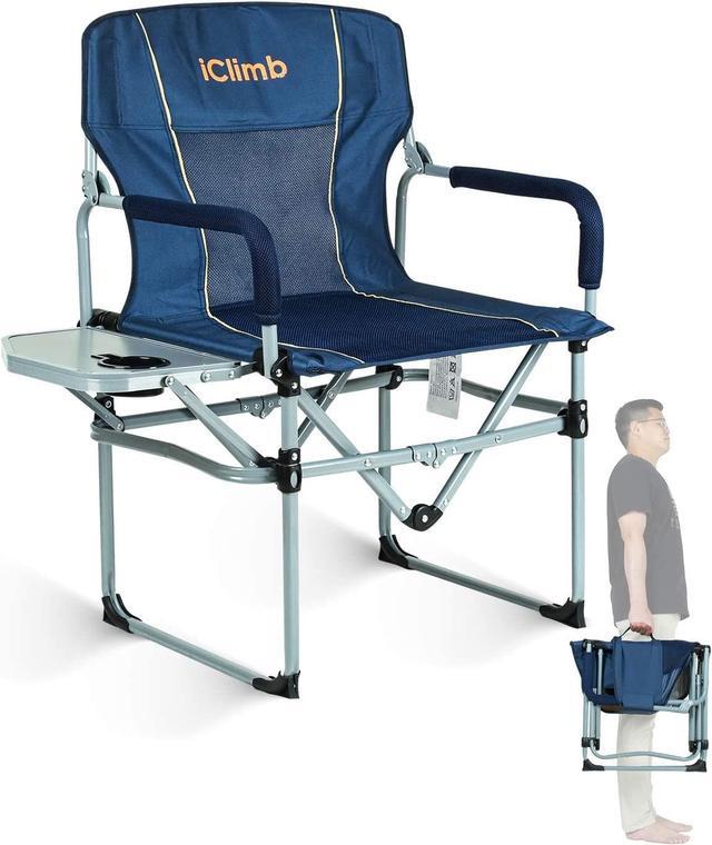 iClimb Heavy Duty Compact Camping Folding Mesh Chair with Side Table and  Handle (Navy - 2 PC)