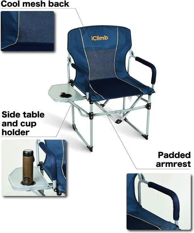Alt view image 5 of 7 - iClimb Heavy Duty Compact Camping Folding Mesh Chair with Side Table and Handle (Navy - 2 PC)