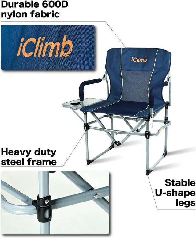 Alt view image 4 of 7 - iClimb Heavy Duty Compact Camping Folding Mesh Chair with Side Table and Handle (Navy - 2 PC)
