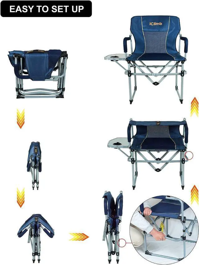 Alt view image 6 of 7 - iClimb Heavy Duty Compact Camping Folding Mesh Chair with Side Table and Handle (Navy - 2 PC)