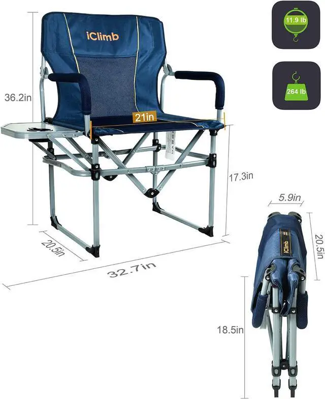 Alt view image 3 of 7 - iClimb Heavy Duty Compact Camping Folding Mesh Chair with Side Table and Handle (Navy - 2 PC)