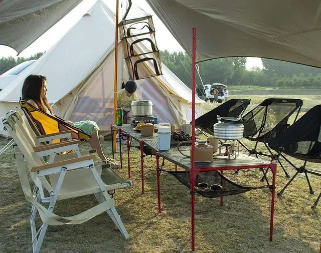 Alt view image 2 of 7 - iClimb Extendable Folding Table Large Tabletop Area Ultralight Compact with Hollow Out Tabletop and Carry Bag for Camping Backpacking Beach Concert BBQ Party, Three Size (Black - S)