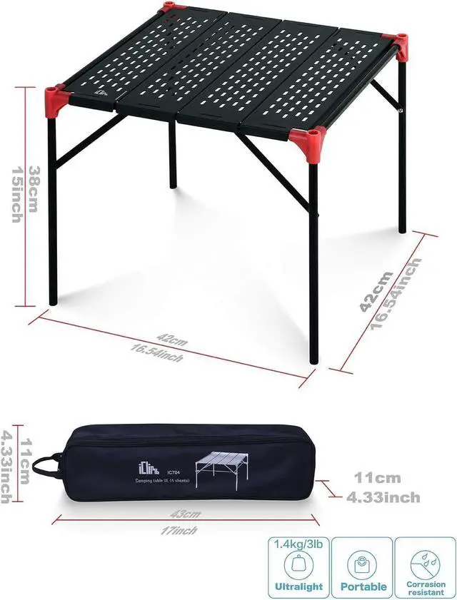 Alt view image 3 of 7 - iClimb Extendable Folding Table Large Tabletop Area Ultralight Compact with Hollow Out Tabletop and Carry Bag for Camping Backpacking Beach Concert BBQ Party, Three Size (Black - S)