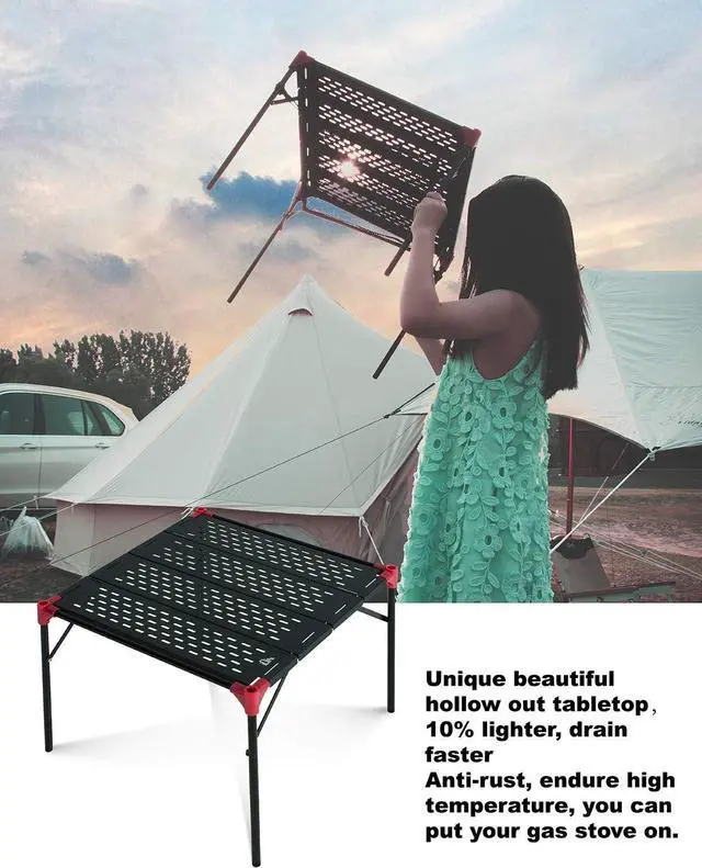 Alt view image 6 of 7 - iClimb Extendable Folding Table Large Tabletop Area Ultralight Compact with Hollow Out Tabletop and Carry Bag for Camping Backpacking Beach Concert BBQ Party, Three Size (Black - S)