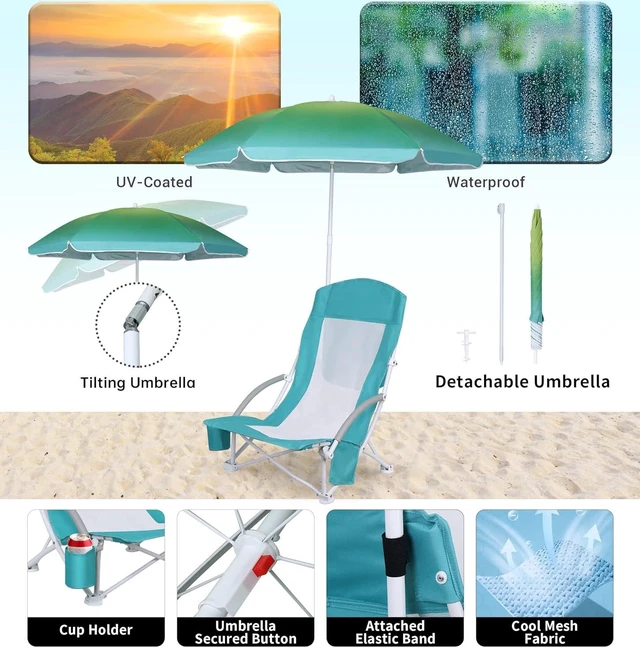 Alt view image 5 of 6 - WGOS Beach Chair Beach Folding Chair for Adults Camping Chair High Back with Umbrella and Cooler Bag, Huge Shade, Portable & Lightweight for Beach, Outdoor, Camping (Set of 2 Blue)