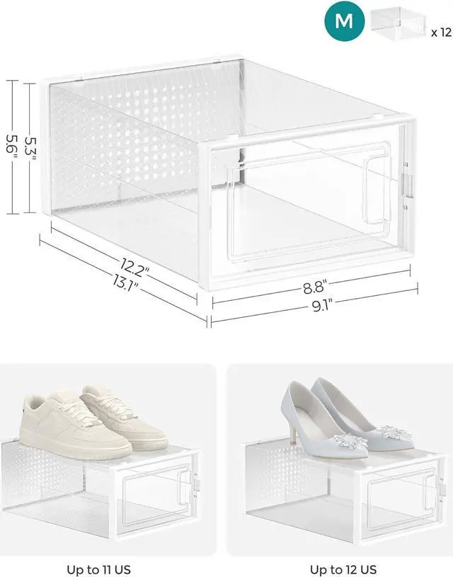 Alt view image 6 of 7 - SONGMICS Shoe Boxes, Pack of 12 Shoe Storage Organizers, Stackable Clear Plastic Boxes for Closet, Fit up to US Size 11, Transparent and White ULSP12SWT