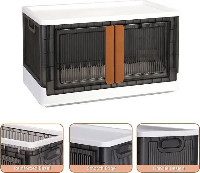 Alt view image 6 of 6 - Storage Bins with Lids - Collapsible Storage Bins, Clear Black Wardrobe Closet Organizer, 19 Gal Stackable Box, Foldable Plastic Storage Container with Door, Crate for Book Storage (3 Pack)