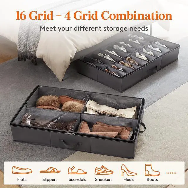 Alt view image 3 of 7 - Lifewit Under Bed Shoe Storage Organizer Set of 2, Fit Up to 16 Pairs of Shoes and 4 Boots, Foldable Shoe Rack Organizer Container with Reinforced Handle and Clear Cover for Women's and Men's Shoes