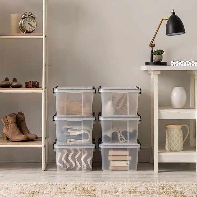 Alt view image 5 of 5 - IRIS USA 18 L (19 US Qt) WEATHERPRO Plastic Storage Box with Durable Lid and Seal and Secure Latching Buckles, 6 Pack, Keep Dust and Moisture Out, Clear/Black