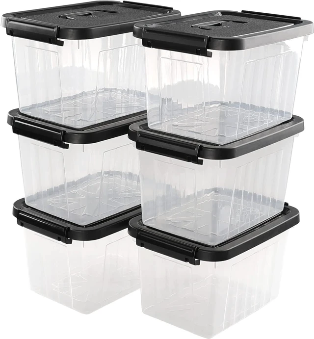 Main image of Rinboat 6 L Plastic Clear Storage Bin Box with Black Lid and Black Handles, Pack of 6