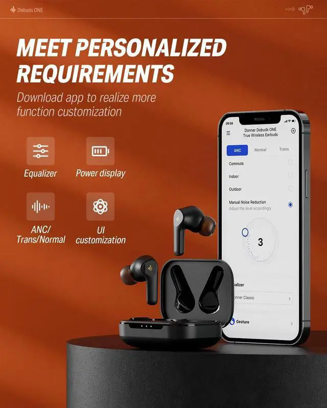 Alt view image 5 of 7 - Donner Noise Cancelling Wireless Earbuds, Bluetooth 5.2 Earphones with 4 Mic Clear Calls, 12mm Drivers, App for Custom EQ, 32H Playtime, Fast Charging, Transparency - Dobuds ONE,Black