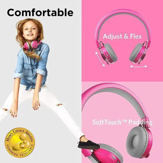 Alt view image 2 of 7 - Untangled Pro On-Ear Wireless Kids Headphones for School, Microphone, Volume Limited, SharePort Technology, SoftTouch Padding, Pink