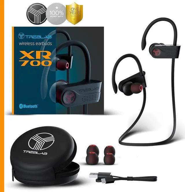 Alt view image 6 of 7 - TREBLAB XR700 PRO Wireless Running Earbuds - Top 2019 Sports Headphones, Custom Adjustable Earhooks, Bluetooth 5.0 IPX7 Waterproof, Rugged Workout Earphones, Noise Cancelling Microphone In-Ear Headset