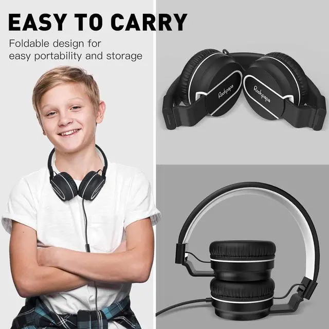 Alt view image 6 of 7 - Rockpapa Kids Headphones, 952 Childrens Headphones, Wired Headphones with Microphone, Foldable, Stereo Sound, 3.5mm Jack On-Ear Headphones for School/Travel/Phone/Kindle/PC/MP3 (Black)