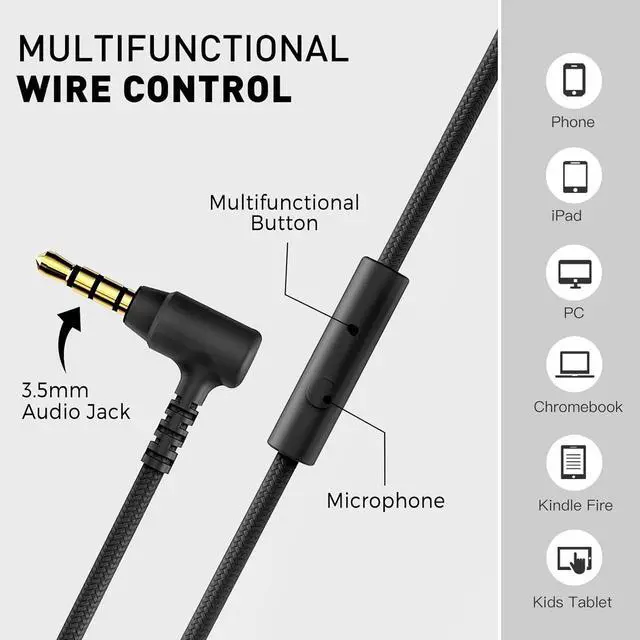 Alt view image 4 of 7 - Rockpapa Kids Headphones, 952 Childrens Headphones, Wired Headphones with Microphone, Foldable, Stereo Sound, 3.5mm Jack On-Ear Headphones for School/Travel/Phone/Kindle/PC/MP3 (Black)
