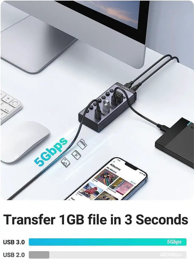 Alt view image 3 of 7 - UGREEN Powered USB Hub 3.0,7 Ports USB Splitter with 4 Smart Charging Ports Aluminum Individual LED Power Switches Extension 12V 2A Charging Adapter for PC Laptop, MacBook Pro Air Mini