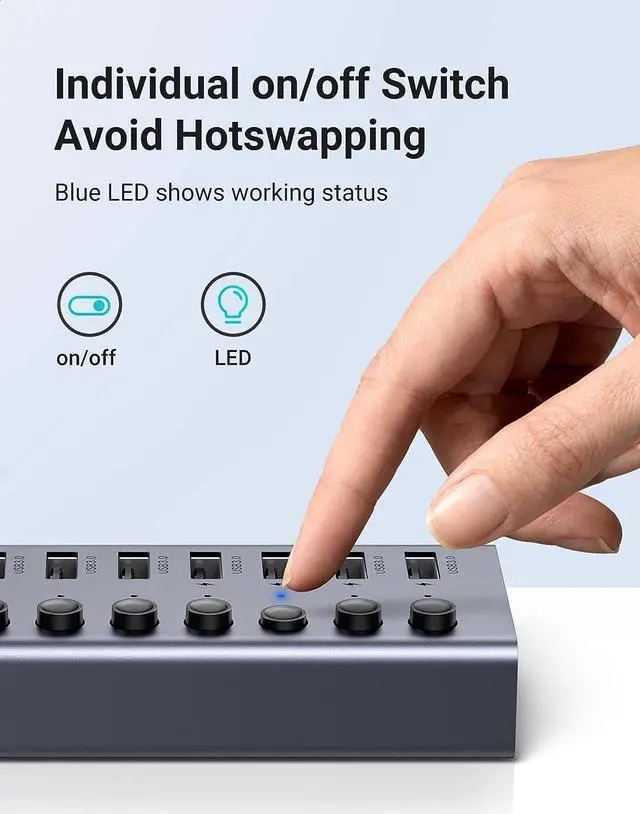 Alt view image 4 of 7 - UGREEN Powered USB Hub 3.0,7 Ports USB Splitter with 4 Smart Charging Ports Aluminum Individual LED Power Switches Extension 12V 2A Charging Adapter for PC Laptop, MacBook Pro Air Mini