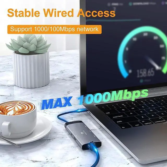 Alt view image 3 of 7 - VEECOH USB C Hub 6 in 1,Multiport Adapter USB C Dongle to 4K HDMI RJ45 Ethernet 1000Mbps USB 3.0 * 3 PD USB C Charger for MacBook Air/Pro XPS Laptop and Other Type C Devices