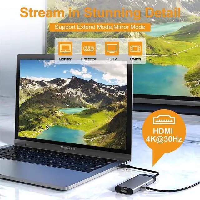 Alt view image 4 of 7 - VEECOH USB C Hub 6 in 1,Multiport Adapter USB C Dongle to 4K HDMI RJ45 Ethernet 1000Mbps USB 3.0 * 3 PD USB C Charger for MacBook Air/Pro XPS Laptop and Other Type C Devices