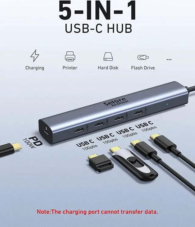 Alt view image 4 of 7 - 10Gbps USB C Hub, 5 Ports USB C Splitter with 100W Power Delivery, USB C to USB C Hub Multiport Adapter for Laptop, USBC Hub for MacBook Pro/Air M2 M1, iPad, Dell, HP, Samsung,Etc(Not Support Monitor)