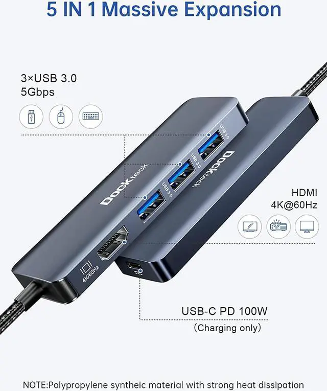 Alt view image 2 of 7 - USB C to USB Adapter, USB C Hub with HDMI 4K@60Hz, USB C to USB C 100W Power Delivery, 3 USB 3.0 Ports, Dockteck 5-in-1 USB C Adapter for MacBook Pro/Air, iPad Pro/Air/Mini 6, Surface Pro, Steam Deck