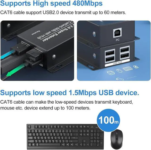 Alt view image 4 of 7 - USB Extender Over Ethernet 200ft USB2.0 HUB RJ45 Cat5e/6 up to 480Mbps with Power Adapter Two Cameras Work in Sync Support Windows MacOS Android Linux