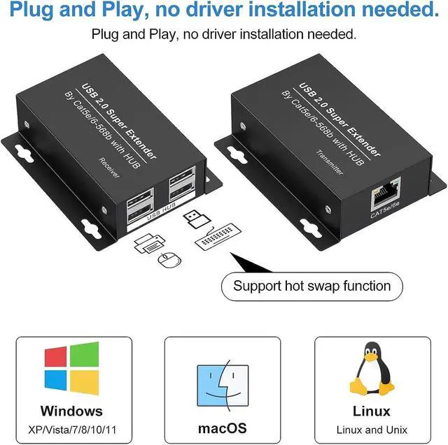 Alt view image 5 of 7 - USB Extender Over Ethernet 200ft USB2.0 HUB RJ45 Cat5e/6 up to 480Mbps with Power Adapter Two Cameras Work in Sync Support Windows MacOS Android Linux