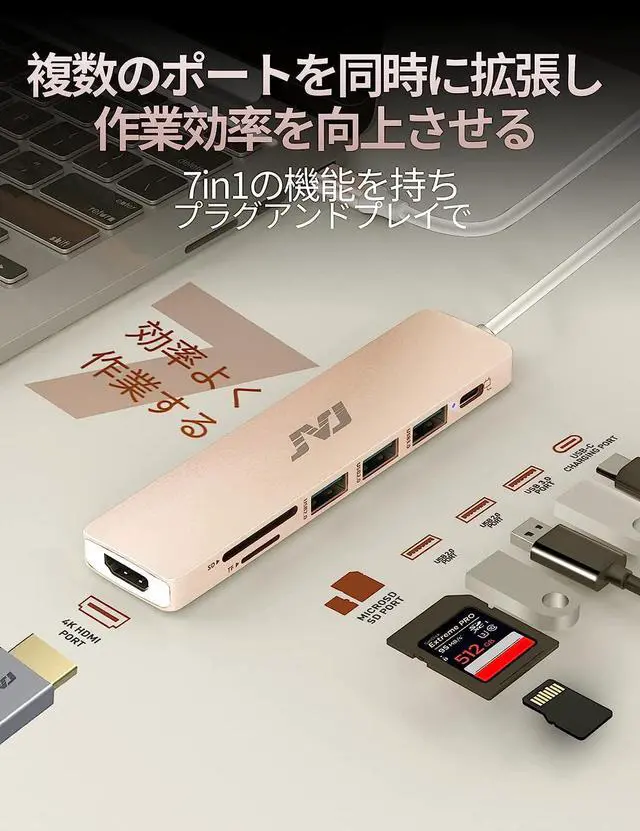 Alt view image 2 of 7 - JVJ USB C Hub, USB C Dongle for MacBook Pro/iPad Pro, 7 in 1 USB C to HDMI Multport Adapter- 4K HDMI, 100W PD, USB 3.0, SD/MicroSD Reader, HDMI Conversion Adapter for Type C Devices (Rose Gold)