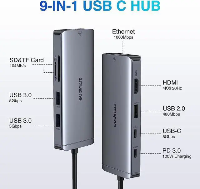 Alt view image 2 of 7 - USB C Hub Multiport Adapter, 9-in-1 Laptop USB C Docking Station for Dell/HP Laptop, USB C Dock to 4K HDMI,Ethernet,100W PD,USB-C,3 USB Ports, SD/TF, USB Type C Dongle for MacBook, Surface, Lenovo