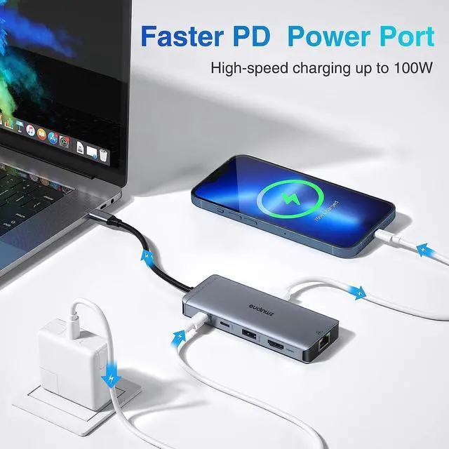 Alt view image 5 of 7 - USB C Hub Multiport Adapter, 9-in-1 Laptop USB C Docking Station for Dell/HP Laptop, USB C Dock to 4K HDMI,Ethernet,100W PD,USB-C,3 USB Ports, SD/TF, USB Type C Dongle for MacBook, Surface, Lenovo