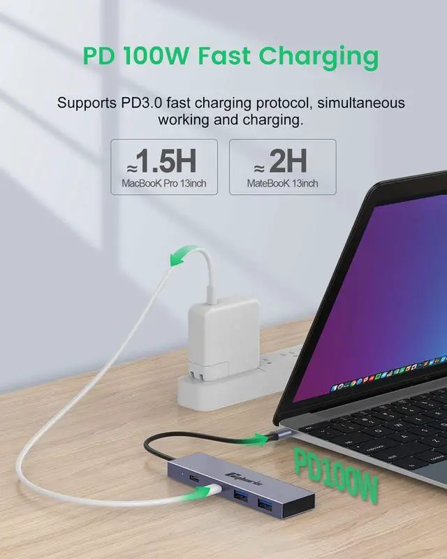 Alt view image 5 of 7 - USB C Hub, 4 Port 10Gbps USB C to USB Adapter USB 3.1 Hub GEN2, USB C Splitter Thunderbolt 3 Compatible, PD100W Powered USB C Hub, USB-C Hub for Laptop, Mobile, Tablet, PC