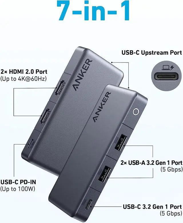 Alt view image 2 of 6 - Anker USB C Hub, Anker 343 USB C Hub (7-in-1, Dual 4K HDMI) with 100W Power Delivery, Dual 4K HDMI Ports, a USB-C Upstream Port, 3 5Gbps USB-A and USB-C Data Ports for Dell Laptop, ThinkPad, and More