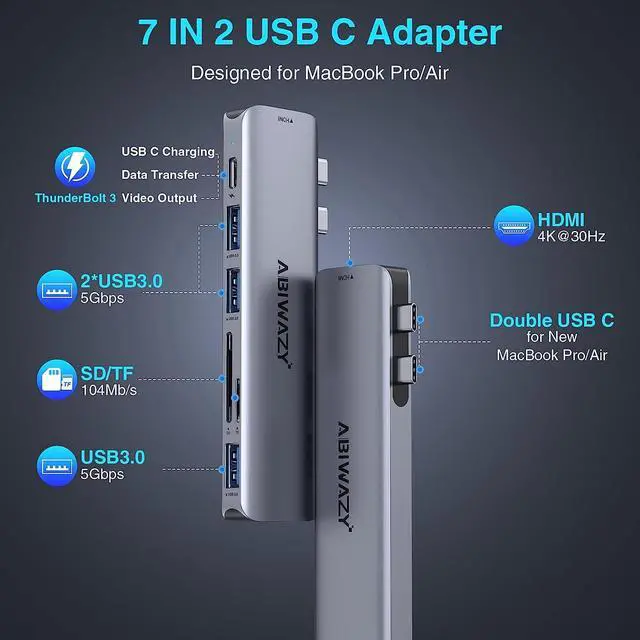 Alt view image 2 of 7 - USB C Adapters for MacBook Pro 2022, MacBook Pro USB Adapter MacBook HDMI Multiport Dongle for MacBook Pro Air 2023-2018 with 4K HDMI, 2 USBB 3.0 Port, SD/TF, Thunderbolt 3 and USB C USB3.0 Data Port
