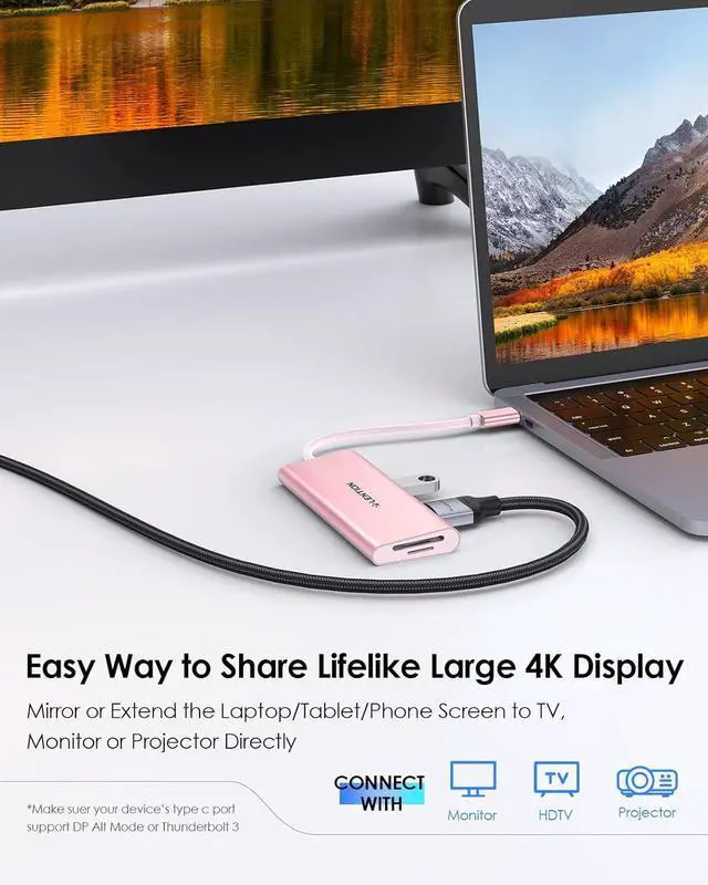 Alt view image 7 of 7 - LENTION USB C Hub with 4K HDMI, 3 USB 3.0, SD 3.0 Card Reader, USBC Hub Multiport Adapter for 2023-2016 MacBook Pro, New Mac Air/iPad Pro/Surface, More, Stable Driver Certified (CB-C34, Rose Gold)