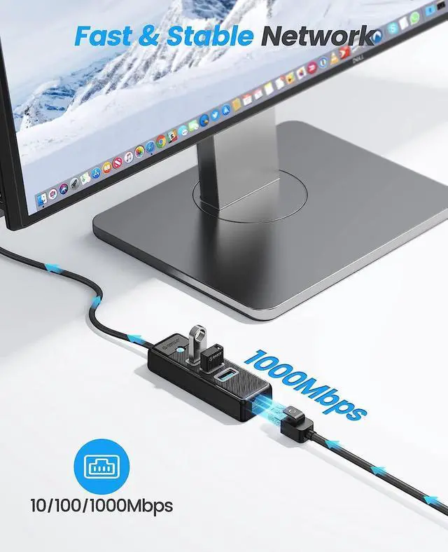 Alt view image 5 of 7 - ORICO USB C to Ethernet Adapter, 4-in-1 USB C Hub with RJ45 10/100/1000 Gigabit Ethernet Adapter with 3.3ft Long Cable Compatible with Mac OS 10.X and Above, Linux, Android-Black