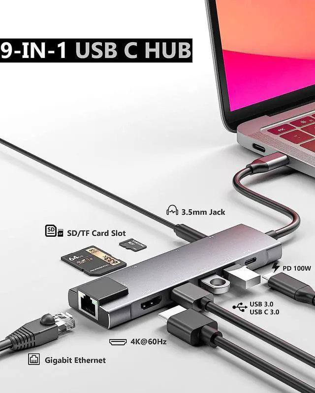 Alt view image 2 of 7 - USB C Hub 9 in 1 Multiport Adapter w/Gigabit Ethernet, 100W PD, 4K@60Hz, 2 USB 3.0, USB C 3.0 Data, SD/TF Card Reader, 3.5mm Jack, Dongle Docking Station for MacBook Pro iPad Pro Steam Deck Laptops