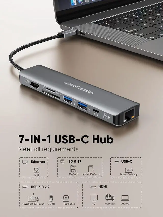 Alt view image 2 of 7 - USB C Hub 4K 60Hz, CableCreation 7-in-1 USB-C Hub Multiport Adapter with 1Gbps Ethernet, HDMI, 2 USB 3.0 Ports, 100W PD and SD/TF Cards Reader, Compatible with Steam Deck MacBook Pro/Air, iPad Pro