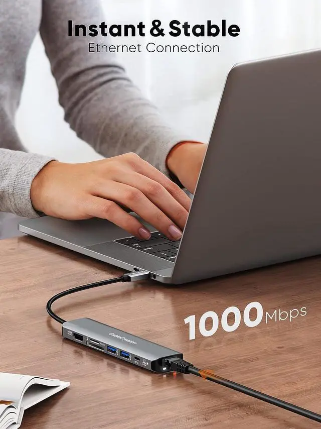 Alt view image 4 of 7 - USB C Hub 4K 60Hz, CableCreation 7-in-1 USB-C Hub Multiport Adapter with 1Gbps Ethernet, HDMI, 2 USB 3.0 Ports, 100W PD and SD/TF Cards Reader, Compatible with Steam Deck MacBook Pro/Air, iPad Pro