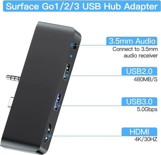 Alt view image 2 of 7 - 4 in 2 Surface Go1/ Go2/ Go3 Adapter USB Hub Docking Station, USB-C + 3.5mm Jack to 1 x USB 2.0 + 1 x USB 3.0 + HDMI + 1 x 3.5mm Audio Jack, Compatible with Microsoft Surface Go1/ Go2/ Go3 Only