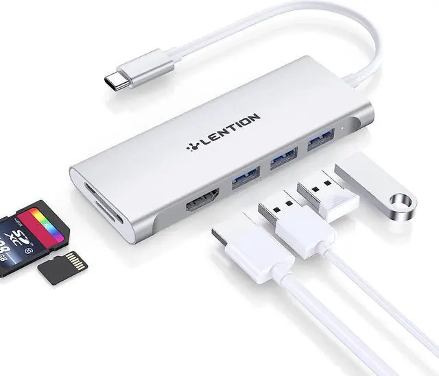 Main image of LENTION USB C Hub with 4K HDMI, 3 USB 3.0, SD 3.0 Card Reader Compatible 2023-2016 MacBook Pro 13/15/16, New Mac Air/iPad Pro/Surface, More, Multiport Stable Driver Dongle Adapter (CB-C34, Silver)